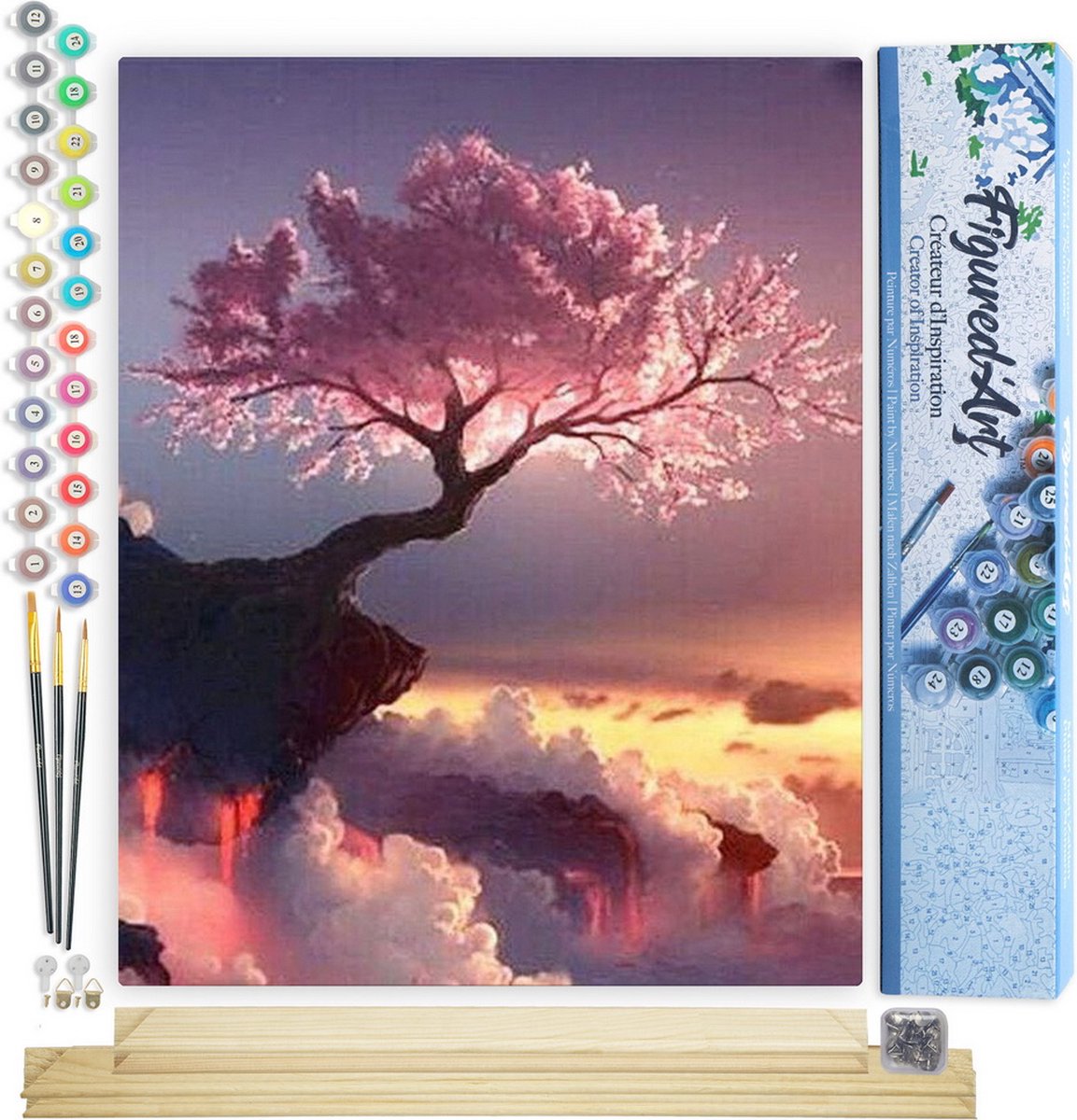 FiguredArt Schilderen op Nummer Volwassenen canvas Roze Boom - Handwerk acrylverf Kit DIY Compleet - 40x50cm met DIY houten lijst